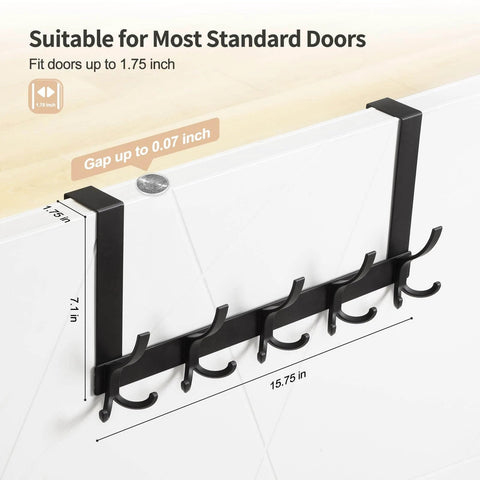 Over the Door Towel Rack with 15 Triple Hooks Black Metal shown on standard door
