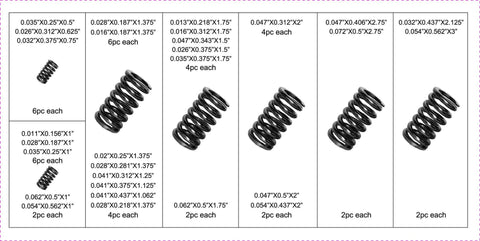 Image of a 114 Piece Black Oxide Finish Compression Spring Assortment With 29 Sizes In A PP Storage Case Including Chart On Lid For Quick Identification Pro Grade Spring Steel Factory Direct For Tough Mechanical Projects, showing various spring sizes and quantities.