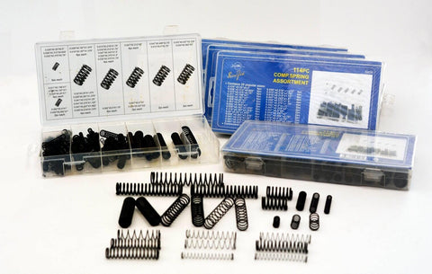 114 Piece Black Oxide Finish Compression Spring Assortment With 29 Sizes In A PP Storage Case Including Chart On Lid For Quick Identification