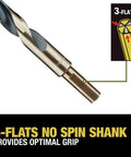 Close-up of 21-Piece Black Oxide Drill Bit Set With 135 Degree Split Point And 31 Degree Helix Model DWA1181 showing 3-flats no spin shank.