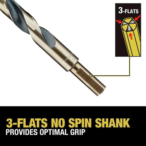 Close-up of 21-Piece Black Oxide Drill Bit Set With 135 Degree Split Point And 31 Degree Helix Model DWA1181 showing 3-flats no spin shank.