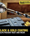 Close-up of 21-Piece Black Oxide Drill Bit with black and gold coating held by drill, highlighting rust prevention.