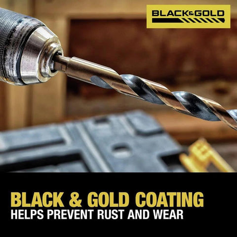 Close-up of 21-Piece Black Oxide Drill Bit with black and gold coating held by drill, highlighting rust prevention.