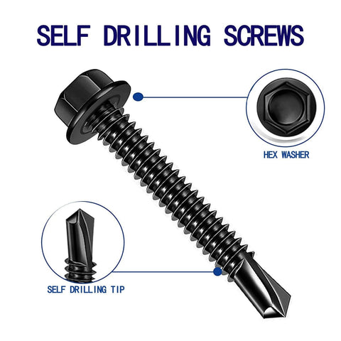 Diagram of 100pcs 410 Stainless Steel #8x1-1/4 Hex Washer Head Self Drilling Screws, Black Oxide Self Tapping Tek Screws for Metal Plates