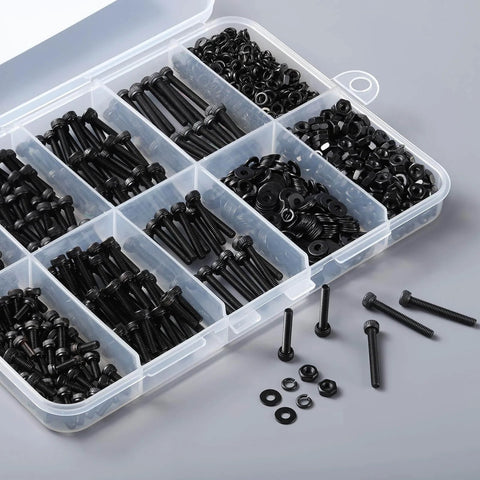 1001Pcs M2.5 Screws Kit With Hex Socket Head Cap Screws Nuts And Washers 4 To 20mm 12.9 Grade Black Oxide in storage box