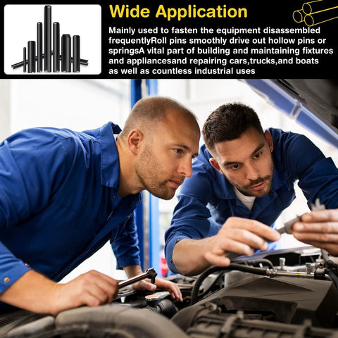 Two mechanics using 450 pcs split roll pin set M2-M10 with black oxide pins for automotive repair, showcasing application versatility.