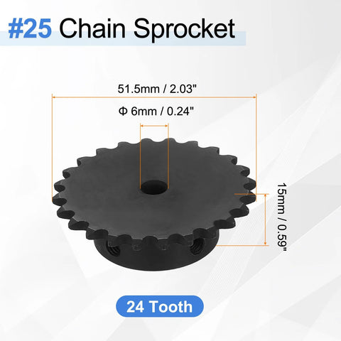 Size 25 Roller Chain Sprocket For ISO 04C Chain 24 Tooth Six Millimeter Bore C45 Carbon Steel With Black Oxide Finish