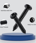 247 Piece Pan Head Wood Screws Set Black Oxide Stainless Steel 304 Self Tapping Phillips Drive close-up on blue stand