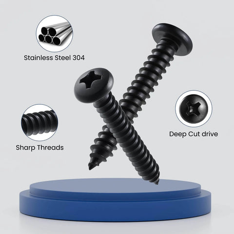 247 Piece Pan Head Wood Screws Set Black Oxide Stainless Steel 304 Self Tapping Phillips Drive close-up on blue stand