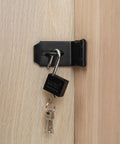4 Inch 90 Degree Stainless Steel Padlock Hasps With Padlock And Keys Set installed on a wooden cabinet door