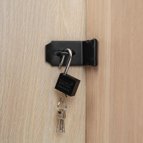 4 Inch 90 Degree Stainless Steel Padlock Hasps With Padlock And Keys Set installed on a wooden cabinet door