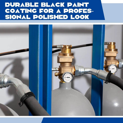 Pressure tanks with hose connections and gauges in industrial setting with durable black paint coating.