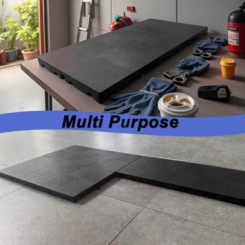 Six Piece Black Plastic Pallet Set With Interlocking Design For Easy Stacking Moisture Proof And Waterproof Floor Pads shown indoors