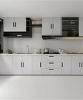Modern kitchen with 40 Pack Peel and Stick Cabinet Handles ABS Plastic Self Adhesive Drawer Pulls for Kitchen Cabinets, shown installed on white cabinets.