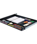 Open Pencil Drawer by NYCCO Underdesk Drawer 23 Inch Wide - Ball-Bearing Slides - Black, showing organized office supplies