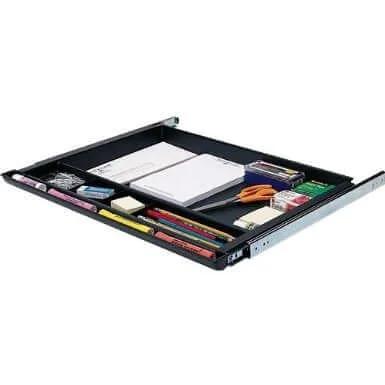 Open Pencil Drawer by NYCCO Underdesk Drawer 23 Inch Wide - Ball-Bearing Slides - Black, showing organized office supplies