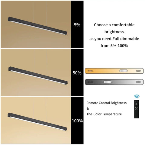 47 Inch Black Linear Pendant Light With Wood Finish Dimmable LED Ceiling Fixture For Dining Room Kitchen Island And Pool Table Remote Control And App Connectivity Modern Industrial Lighting For Home shown at different brightness levels with remote and app settings