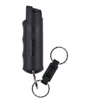 Compact police-strength pepper spray with quick release keychain for fast access and secure finger grip, black color