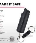 Compact police-strength pepper spray with quick release keychain, showing ergonomic finger grip, 3.6-inch size, and UV dye.