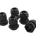 Five Pack PG13.5 Black Plastic Waterproof Cable Glands for Outdoor Wiring, IP67 Sealed, group of cable glands arranged