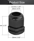 Five Pack Waterproof Plastic PG21 Cable Glands And Joints, Adjustable Connector Set in Black showing dimensions for 16-21mm cables