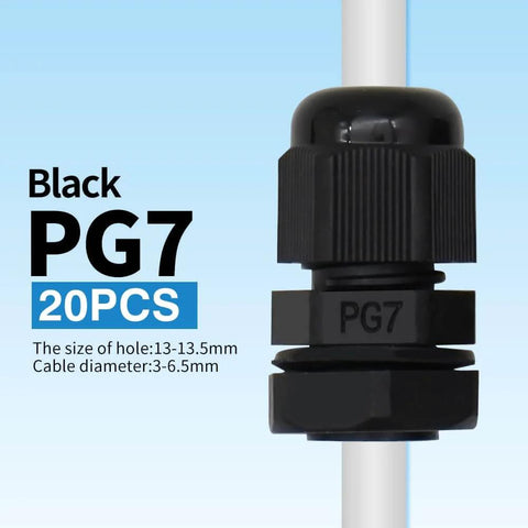 Heavy Duty PG7 Cable Glands Black Nylon Waterproof IP68 With Gaskets And Adjustable Locknut For 3.1 To 6.6mm Wires Pack Of 20
