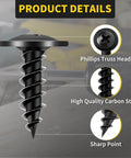 Close-up of FIXLINK Black Phillips Truss Head Wood Screw #8 by 1/2 inch, showing features and carbon steel build for furniture use.