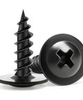 Close-up of two FIXLINK Black Phillips Truss Head Wood Screws 8 By Half Inch Self Tapping, showing screw details.