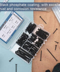 High Hardness Drywall Screws Assortment Kit 166 Pieces Coarse Thread Phillips Drive Black Wood Screws Set displayed in box