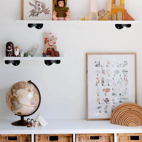 White shelves with toys supported by 6 Pack 3 Quarter Inch Black Metal Pipe 36 Inch Pre Cut Industrial Steel Set for vintage DIY décor.