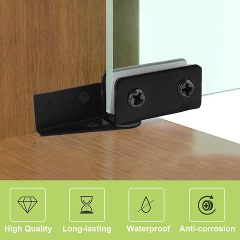 Side view of 8 Pack Frameless Glass Door Pivot Hinges Clamp For 5 To 8mm Glass No Drill Adjustable Black Anti Slip Rubber Pads installed