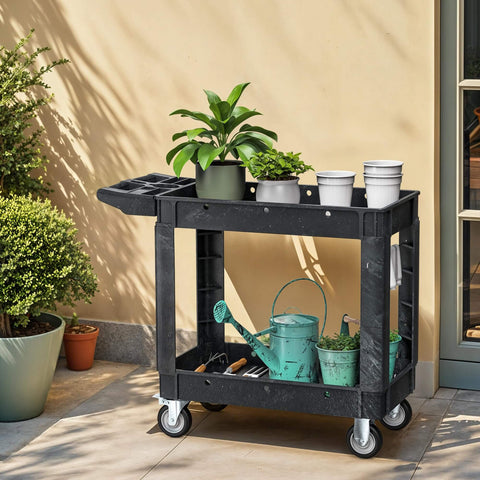 Heavy Duty Plastic Utility Cart On Wheels With 1000 Lb Capacity And 2 Shelves DWVO Rolling Service Cart for plants, black