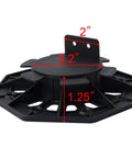 Side view of black adjustable plastic pedestal paver support with measurements visible, part of 24 Pack Adjustable Plastic Pedestal Paver Supports For Decking And Floor Elevation With Unilateral Keel Slot Easy Screw Fix For Stable Slab Lifts And Slate Floor Raising System For Indoor And Outdoor Use.