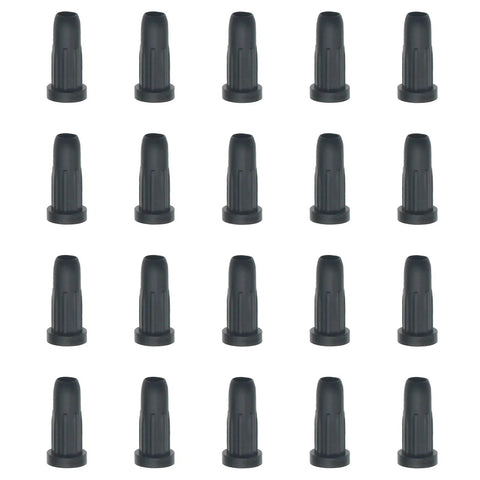 20 Pcs Black Plastic Caster Rubber Sleeve Covers for Chair Wheels in grid layout, ideal for floor protection and furniture use