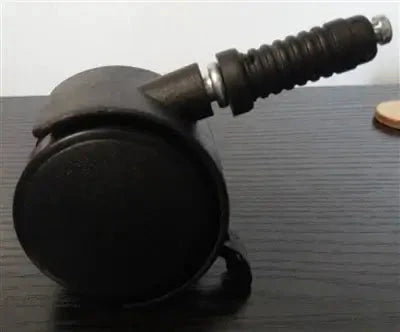Black plastic caster wheel with brake, 12.2mm threaded stem, designed for smooth motion and stable alignment in mechanical systems.