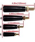 Size comparison chart of revolving handwheels with M6, M8, M10, and M12 threads in black plastic and gold metal threading.