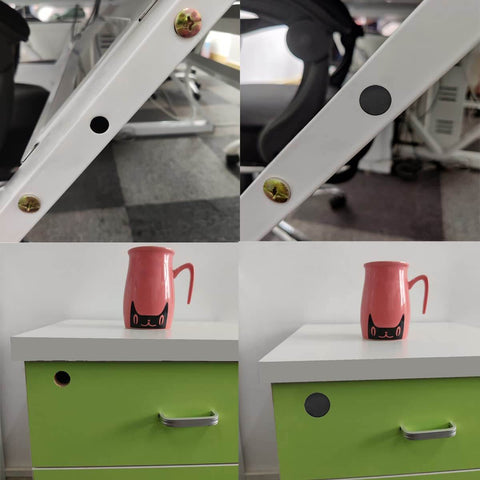 12 Pack Black Plastic Hole Plugs installed on white desk and green cabinet, fits 24.5-25mm openings, discreet look for furniture projects.