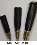 Three black plastic rotating handles with M6, M8, M10 threads shown on a white background for machinery applications.