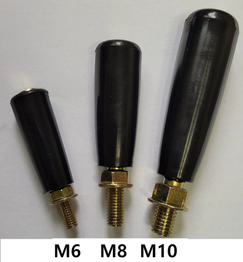 Three black plastic rotating handles with M6, M8, M10 threads shown on a white background for machinery applications.