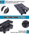 Four Pack Plastic Pallets For Basement Storage, Lightweight Waterproof Floor Pallets With Nestable Interlocking Design And Breathable Grids, 23.6 X 11.8 X 3.9 Inches, HDPE Construction, Supports Up To 220 Lbs shown stacked and interlocked.