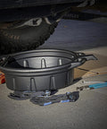Oil Drain Pan 2 Gallon Capacity Black Plastic Anti Splash Lip Drip Catcher For Motor Oil Gasoline And Antifreeze shown under vehicle