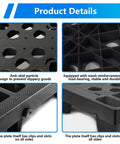 Close-up of Heavy Duty Black Plastic Pallets 8 Pack Nestable HDPE Floor Pallets for basement storage and shop warehouse garage use.