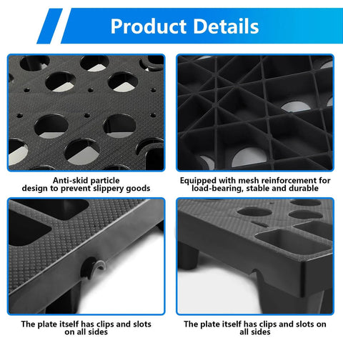 Close-up of Heavy Duty Black Plastic Pallets 8 Pack Nestable HDPE Floor Pallets for basement storage and shop warehouse garage use.