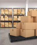 Six Pack Black Plastic Pallets For Basement Storage Lightweight HDPE Pallets With Breathable Grid For Waterproof Organization And Outdoor Pet Cushion Measures 15.7 By 15.7 By 1.18 Inches Each in warehouse setting with stacked boxes.