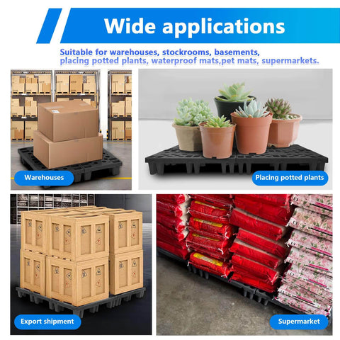Heavy Duty Black Plastic Pallets 8 Pack Nestable HDPE Floor Pallets for various storage uses in warehouse, plants, shipments.