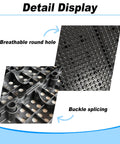 Close-up of Six Pack Black Plastic Pallets With Ventilation Grid, 11.8 By 23.6 By 1.18 Inches, showing breathable holes and buckle splicing