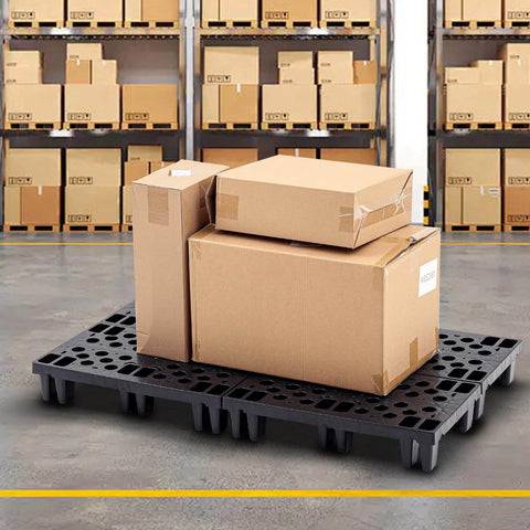 8 Pack Plastic Pallets For Basement Storage Nestable And Moisture Waterproof Lightweight Floor Pallets With Breathable Grid For Indoor Outdoor Use Budget Friendly For Home Garage Warehouse And Supermarket 19.7 X 11.8 X 3.9 Inches Black holding boxes in warehouse