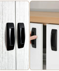 8 Pcs Plastic Cabinet Drawer Handles Self Adhesive 4 Color Set, black handles installed on white cabinets, no drill needed.