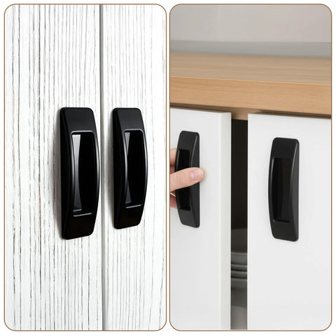 8 Pcs Plastic Cabinet Drawer Handles Self Adhesive 4 Color Set, black handles installed on white cabinets, no drill needed.
