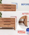 Comparison of a wooden dresser before and after using Rigid Plastic Shims For Leveling 300 Pack Made In USA Black Wobble Wedges.